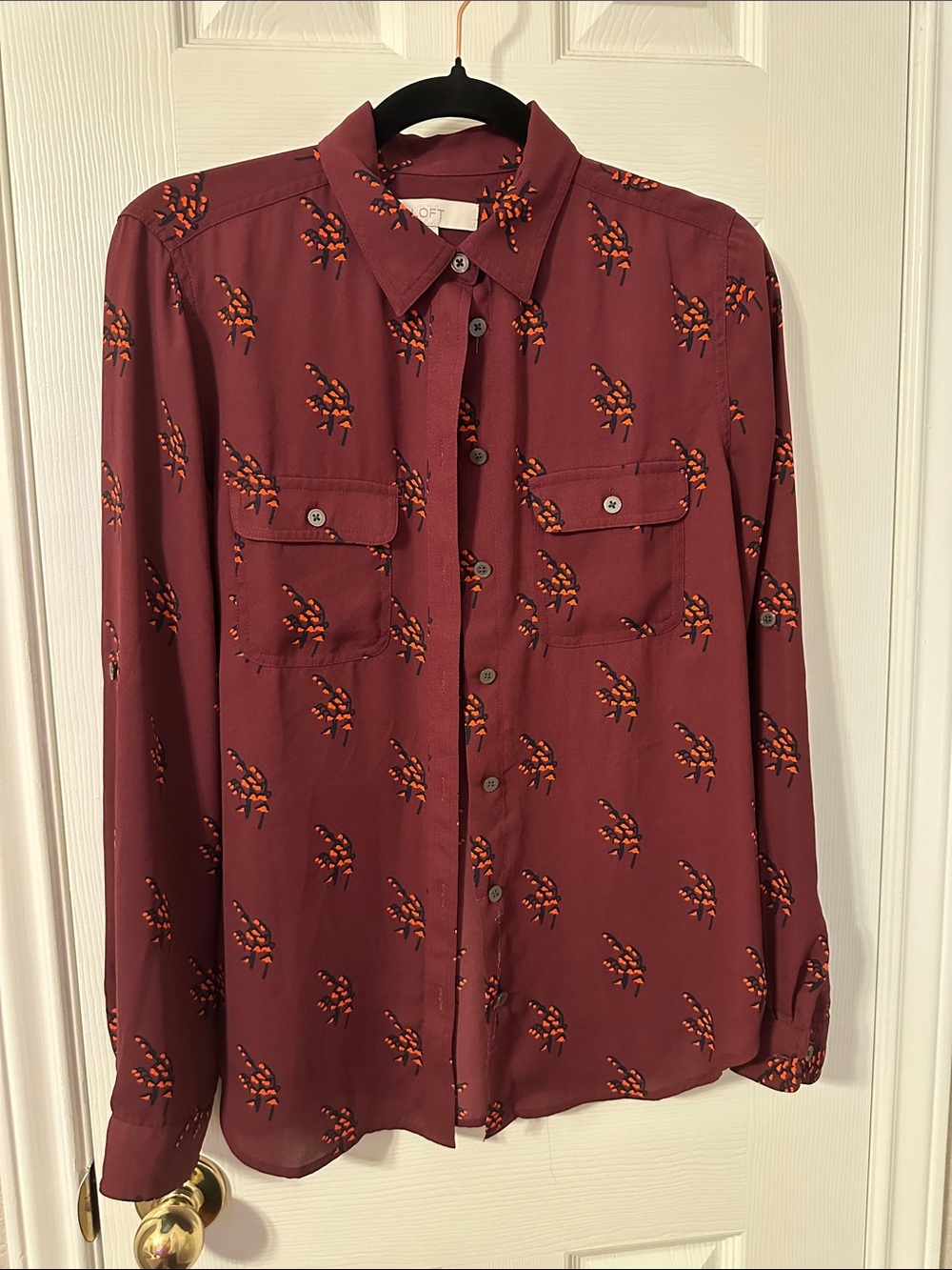 LOFT Maroon Button-Down Shirt with Orange Print